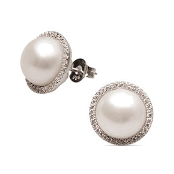 18ct Round Pearl Stud Earrings with Diamonds, 11.5–12mm — E1481