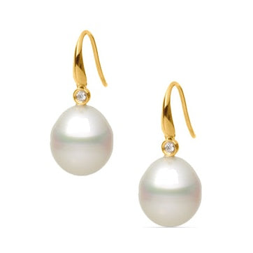 18ct Drop Pearl Hook Earrings with Diamonds, 12–12.5mm — E1509