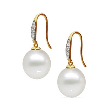 18ct Drop Pearl Hook Earrings with Diamonds, 11–11.5mm — E8007