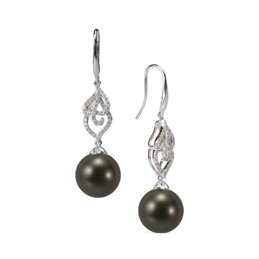 18ct Round Pearl Hook Earrings with Diamonds, 12.5–13mm — E1065