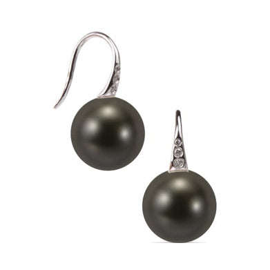 18ct Round Pearl Hook Earrings with Diamonds, 10–10.5mm — E8005