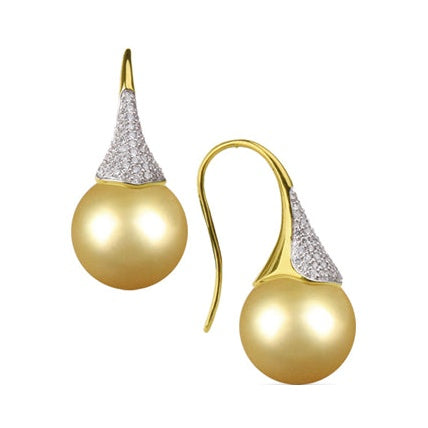 18ct Round Pearl Hook Earrings with Diamonds, 12.5–13mm — E8009