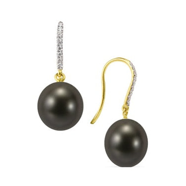 18ct Drop Pearl Hook Earrings with Diamonds, 10.5–11mm — E8010