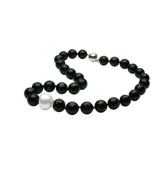 Silver South Sea Pearl & Black Agate Necklace, 16", 11–12mm — N1009