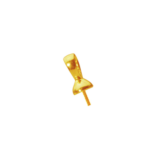 A gold-colored metal bail for jewelry making, cup-shaped with a pointed base, against a white background.